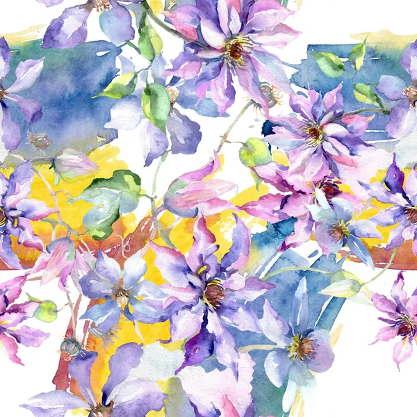 Azul violeta clematis buquê flores botânicas florais. Conjunto de ilustrações aquarela. Padrão de fundo sem costura . — Fotografia de Stock