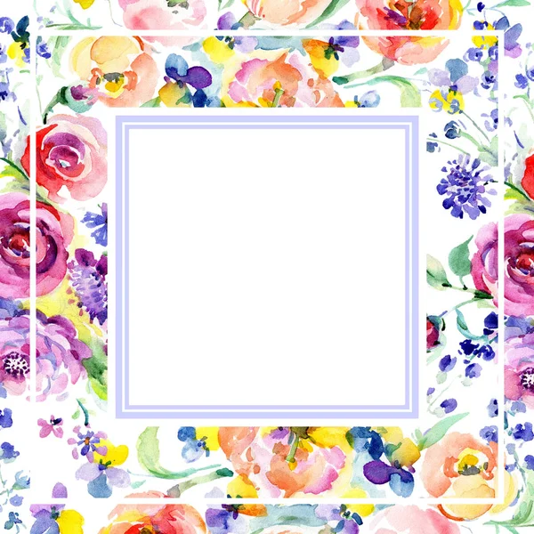 Rosa mazzo fiori botanici floreali rosa. Acquerello sfondo illustrazione set. Quadrato ornamento bordo cornice . — Foto Stock