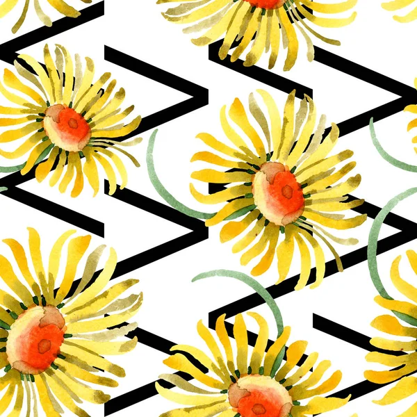 Fiori botanici floreali margherita gialla. Acquerello sfondo illustrazione set. Modello di sfondo senza soluzione di continuità . — Foto Stock