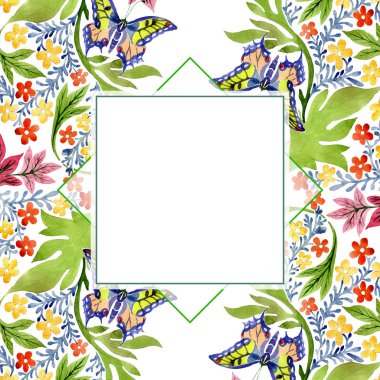 Turuncu ve sarı renkli botanik çiçek süsleme. Suluboya arka plan illüstrasyon küme. Çerçeve kenarlığı süsleme Meydanı.