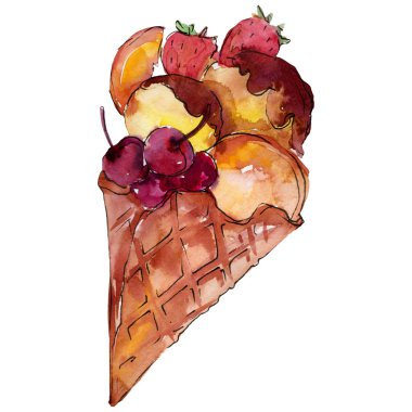 Lezzetli dondurma külahı suluboya tarzında izole meyve ile. Aquarelle tatlı tatlı. Arka plan illüstrasyon seti.
