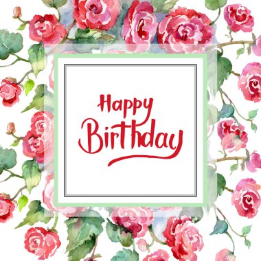 Kırmızı gül buketi çiçek botanik çiçekler. Suluboya arka plan illüstrasyon küme. Çerçeve kenarlığı süsleme Meydanı.