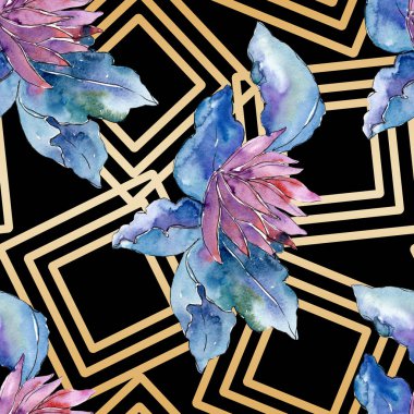 Mor buket botanik çiçek. Suluboya arka plan illüstrasyon küme. Sorunsuz arka plan deseni.