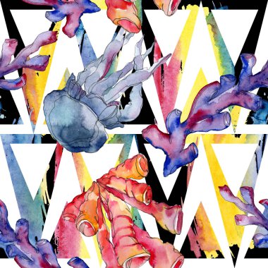 Renkli su sualtı doğa mercan kayalığı. Suluboya arka plan illüstrasyon küme. Sorunsuz arka plan deseni.