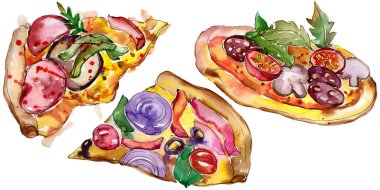 Fast food itallian pizza suluboya stil kümesindeki. Aquarelle gıda resimde arka plan için. İzole pizza öğesi.