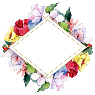 Buketler çiçek botanik çiçekler. Suluboya arka plan illüstrasyon küme. Çerçeve kenarlığı süsleme Meydanı.