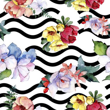 Buketler çiçek botanik çiçekler. Vahşi bahar yaprak izole. Suluboya resim kümesi. Sorunsuz arka plan deseni.