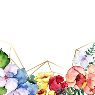 Buketler çiçek botanik çiçekler. Suluboya arka plan illüstrasyon küme. Çerçeve kenarlığı kristal süsleme Meydanı.