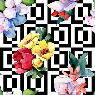 Buketler çiçek botanik çiçekler. Vahşi bahar yaprak izole. Suluboya resim kümesi. Sorunsuz arka plan deseni.