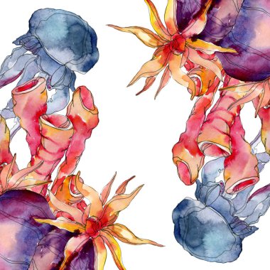 Renkli su sualtı doğa mercan kayalığı. Suluboya arka plan illüstrasyon küme. Çerçeve kenarlığı süsleme Meydanı.