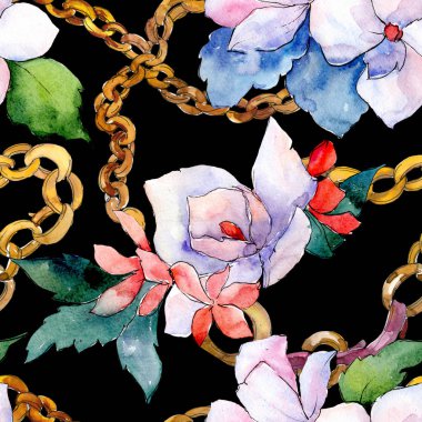 Buketler çiçek botanik çiçekler. Vahşi bahar yaprak izole. Suluboya resim kümesi. Sorunsuz arka plan deseni.