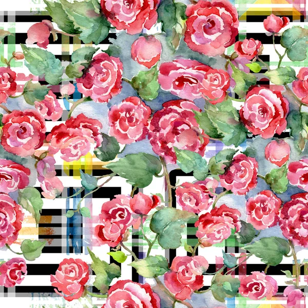 Ramo de rosas rojas flores botánicas florales. Conjunto de ilustración de fondo acuarela. Patrón de fondo sin costuras . — Foto de Stock