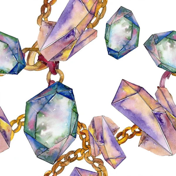 Diamant coloré bijoux en pierre minéraux. Aquarelle cristal pierre fond ensemble. Modèle de fond sans couture . — Photo