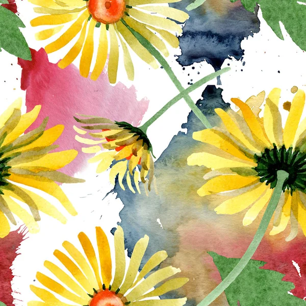 Fiori botanici floreali margherita gialla. Acquerello sfondo illustrazione set. Modello di sfondo senza soluzione di continuità . — Foto Stock