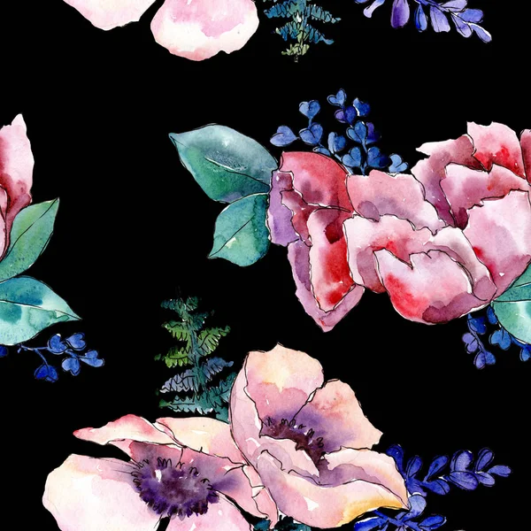Lila bukett blommor botaniska blomma. Akvarell bakgrund illustration set. Sömlös bakgrundsmönster. — Stockfoto