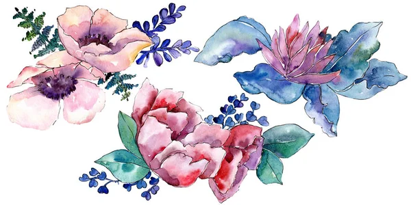 Purpurfarbener Strauß für botanische Blumen. Aquarell Hintergrund Set vorhanden. isolierte Strauß Illustration Element. — Stockfoto