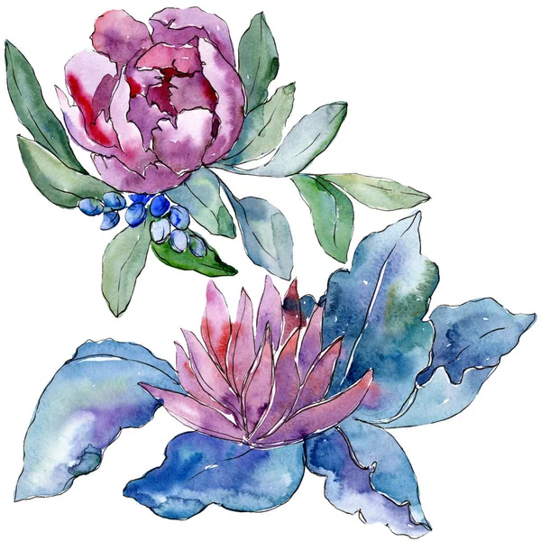 Purple bouquet foral botanical flowers. Watercolor background set. Isolated bouquet illustration element.