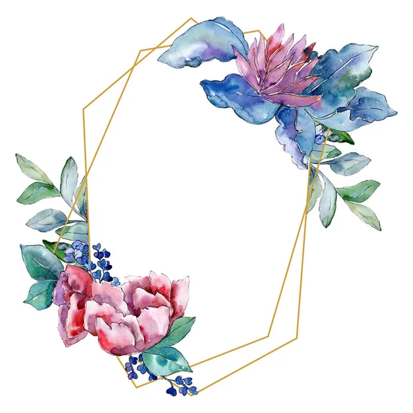 Buquê roxo flor botânica floral. Conjunto de ilustração de fundo aquarela. Quadro borda ornamento quadrado . — Fotografia de Stock