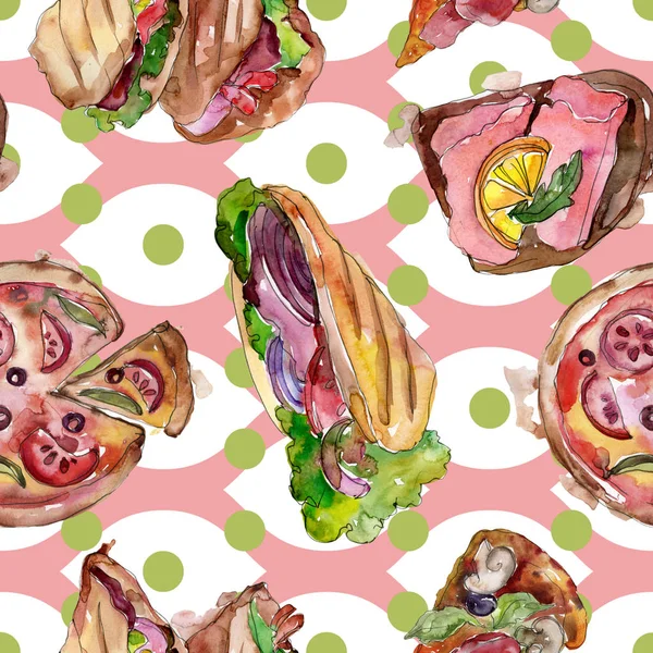 Sandwich im Aquarell-Stil. Aquarell Fast Food Illustrationselement. nahtloses Hintergrundmuster. — Stockfoto