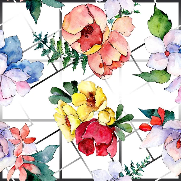 Μπουκέτα λουλουδιών βοτανικό λουλούδια. Άγρια άνοιξη φύλλων απομονωμένη. Σετ ακουαρέλας εικονογράφηση. Απρόσκοπτη υπόβαθρο μοτίβο. — Φωτογραφία Αρχείου