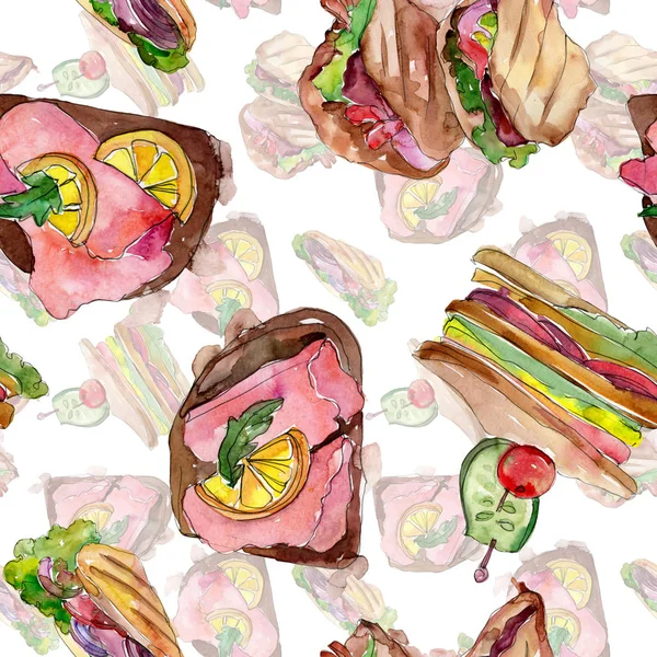 Sandwich in een aquarel stijl. Aquarel fastfood illustratie element. Naadloze achtergrondpatroon. — Stockfoto