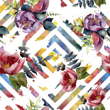 Buket kompozisyon çiçek botanik çiçekler. Suluboya arka plan illüstrasyon küme. Sorunsuz arka plan deseni.