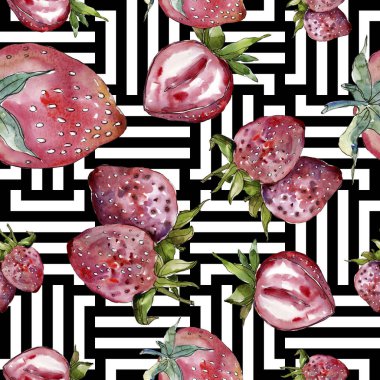 Çilek sağlıklı gıda izole bir suluboya tarzında. Suluboya resim kümesi. Sorunsuz arka plan deseni.