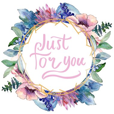 Mor buket botanik çiçek. Suluboya arka plan illüstrasyon küme. Çerçeve kenarlığı süsleme Meydanı.