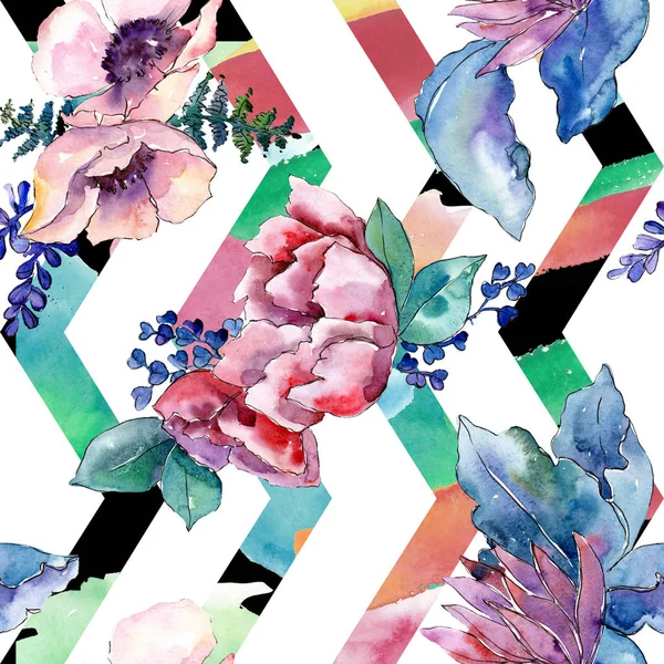 보라색 꽃다발 꽃 식물 꽃입니다. 수채화 배경 그림 설정 합니다. 원활한 배경 패턴. — 스톡 사진