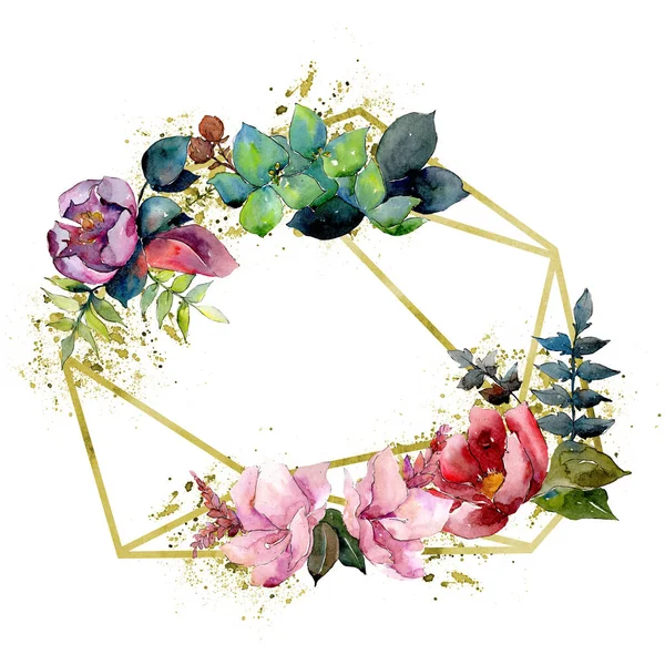 花束组成花卉植物学花。水彩背景插图集。框架边框装饰正方形. — 图库照片