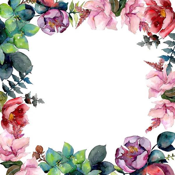 Csokor összetétele botanikai virág virágok. Akvarell háttér illusztráció készlet. Test határ Dísz tér. — Stock Fotó