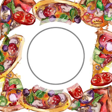 Fast food itallian pizza suluboya Stil kümesindeki. Suluboya çizilmiş arka plan ver. Çerçeve kenarlığı süsleme Meydanı.