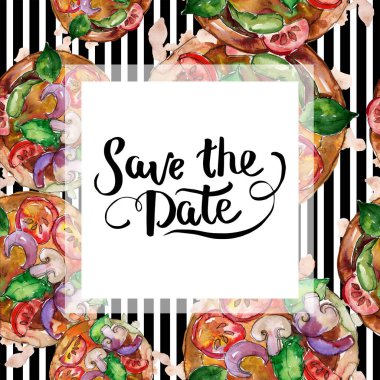 Fast food itallian pizza suluboya Stil kümesindeki. Suluboya çizilmiş arka plan ver. Çerçeve kenarlığı süsleme Meydanı.