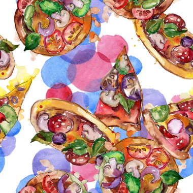 Fast food itallian pizza izole bir suluboya tarzında ayarlayın. Suluboya sorunsuz arka plan deseni.