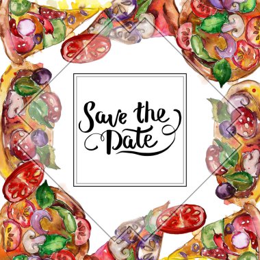 Fast food itallian pizza suluboya Stil kümesindeki. Suluboya çizilmiş arka plan ver. Çerçeve kenarlığı süsleme Meydanı.