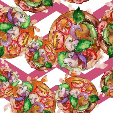 Fast food itallian pizza izole bir suluboya tarzında ayarlayın. Suluboya sorunsuz arka plan deseni.