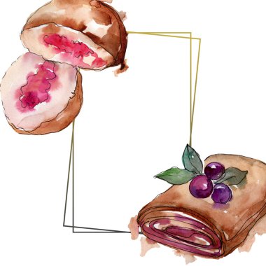 Lezzetli pasta ve çörek suluboya tarzında. Suluboya backgriund şekilde ayarla. Çerçeve kenarlığı süsleme Meydanı.