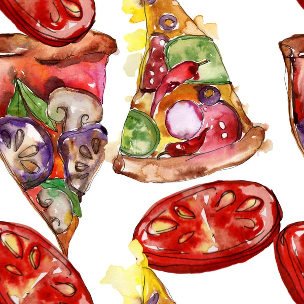 Fast food itallian pizza in a watercolor style isolated set. Watercolour seamless background pattern. — Stock Photo, Image