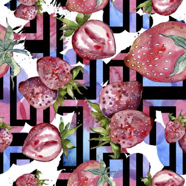 Çilek sağlıklı gıda izole bir suluboya tarzında. Suluboya resim kümesi. Sorunsuz arka plan deseni.