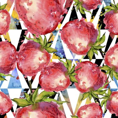 Çilek sağlıklı gıda izole bir suluboya tarzında. Suluboya resim kümesi. Sorunsuz arka plan deseni.