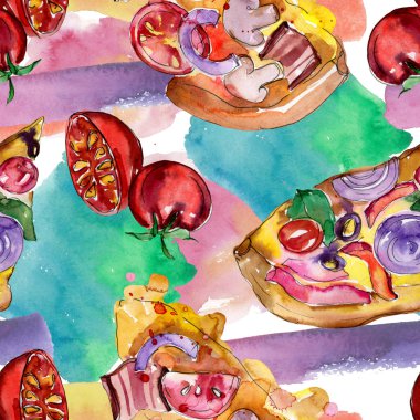 Fast food itallian pizza izole bir suluboya tarzında ayarlayın. Suluboya sorunsuz arka plan deseni.