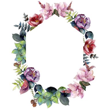 Buket kompozisyon çiçek botanik çiçekler. Suluboya arka plan illüstrasyon küme. Çerçeve kenarlığı süsleme Meydanı.