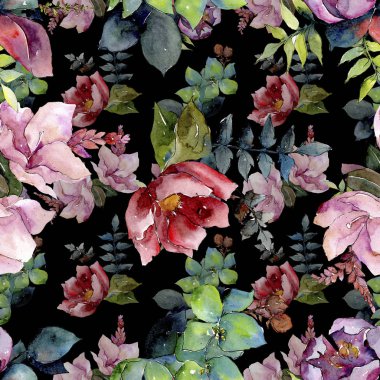 Buket kompozisyon çiçek botanik çiçekler. Suluboya arka plan illüstrasyon küme. Sorunsuz arka plan deseni.