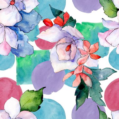 Buketler çiçek botanik çiçekler. Vahşi bahar yaprak izole. Suluboya resim kümesi. Sorunsuz arka plan deseni.