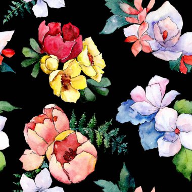 Buketler çiçek botanik çiçekler. Vahşi bahar yaprak izole. Suluboya resim kümesi. Sorunsuz arka plan deseni.