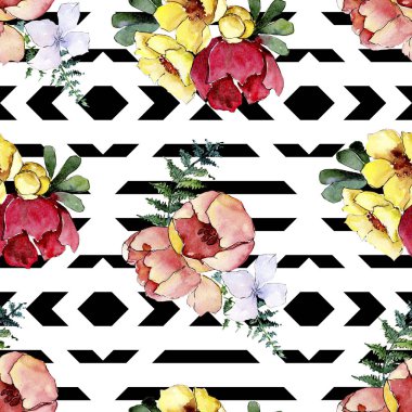 Buketler çiçek botanik çiçekler. Vahşi bahar yaprak izole. Suluboya resim kümesi. Sorunsuz arka plan deseni.