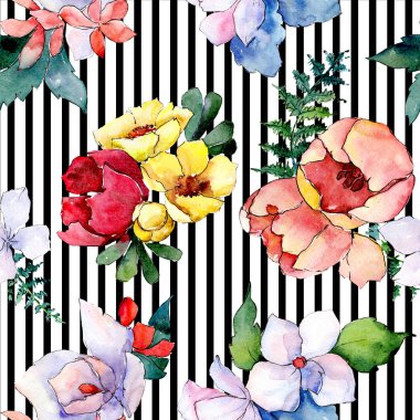 Buketler çiçek botanik çiçekler. Vahşi bahar yaprak izole. Suluboya resim kümesi. Sorunsuz arka plan deseni.