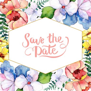 Buketler çiçek botanik çiçekler. Suluboya arka plan illüstrasyon küme. Çerçeve kenarlığı kristal süsleme Meydanı.