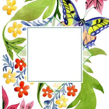 Turuncu ve sarı renkli botanik çiçek süsleme. Suluboya arka plan illüstrasyon küme. Çerçeve kenarlığı süsleme Meydanı.