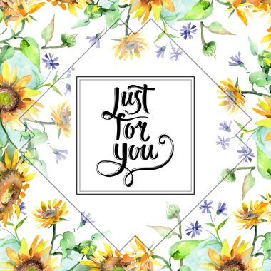 Ayçiçeği buket çiçek botanik çiçekler. Suluboya arka plan illüstrasyon küme. Çerçeve kenarlığı süsleme Meydanı.